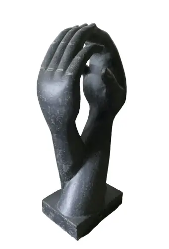 Product image of the product “Abstract sculture, two hands upright on a base. 46 c 36 x 102cm. Stone cast, handcrafted & coloured ”